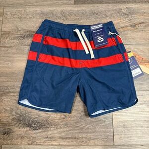 Fair Harbor Kids Anchor Navy & Red Striped Swim Trunks NWT
